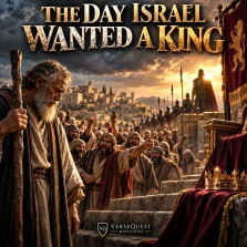 Samuel standing before Israelites demanding a visible king, with a crown and throne symbolizing Israel’s rejection of God’s rule in 1 Samuel 8.
