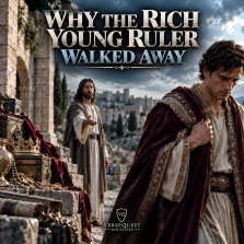 Sorrowful rich young ruler walking away from Jesus with wealth and treasure nearby, illustrating Mark 10 and the danger of possessions becoming an idol.