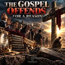 Crowd reacting to the cross beside symbols of religion, good works, human wisdom, and self-righteousness, illustrating why the gospel offends.