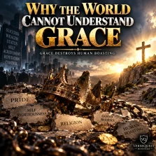 Cinematic image of a broken crown, coins, human pride, and good works contrasted with the cross, illustrating biblical grace in Romans 11:6.