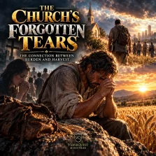 Cinematic scene of a burdened Christian praying beside seed and a ripe harvest field, illustrating Psalm 126:5–6 and sowing in tears.