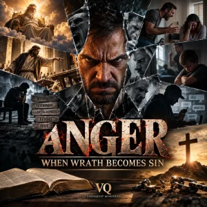 Cinematic collage showing anger, family conflict, public confrontation, broken chains, fire, and an open Bible beneath the title Anger: When Wrath Becomes Sin.