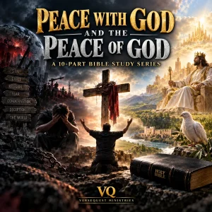 Cinematic biblical collage contrasting spiritual conflict with the peace found through Christ, representing peace with God and the peace of God.
