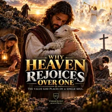 Cinematic image of Christ holding a rescued lamb with heavenly celebration behind Him, illustrating Luke 15:7 and the value God places on one soul.